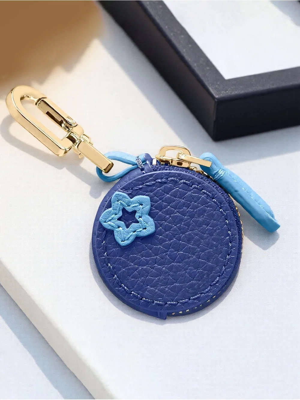 Textured Navy blueberry Keychain Pouch with Gold Hardware